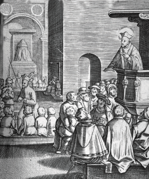 The Life of St Ignatius Loyola by Peter Paul Rubens (1577–1640). The first Jesuits shown in ministries: preaching, teaching children, hearing confessions, and celebrating the Eucharist. The church is the old church of Santa Maria della Strada.