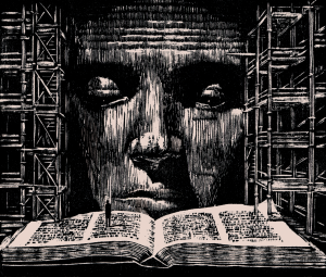 sketch of a face looking at a book